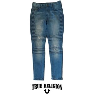 True Religion Halle Mid Rise Super Skinny Distressed Embroidered Jeans